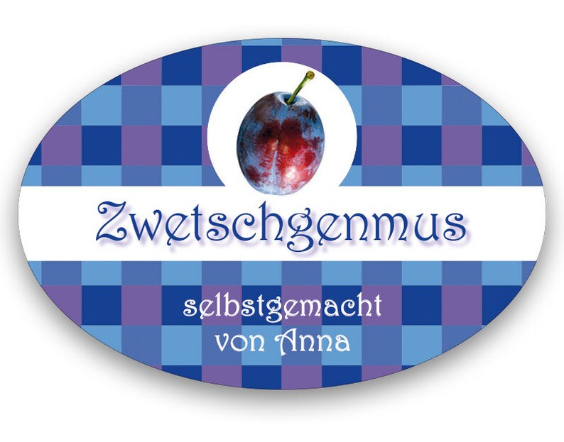 Persönliches Etikett für Zwetschgenmus, Marmelade Aufkleber Zwetschge, Sticker Pflaume, personalisiert, 18 Stk. Bild 1