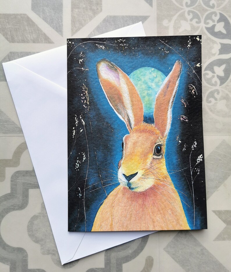 Moonlight Hare watercolour A5 greeting card / magical birthday / Easter card / jack rabbit card image 7