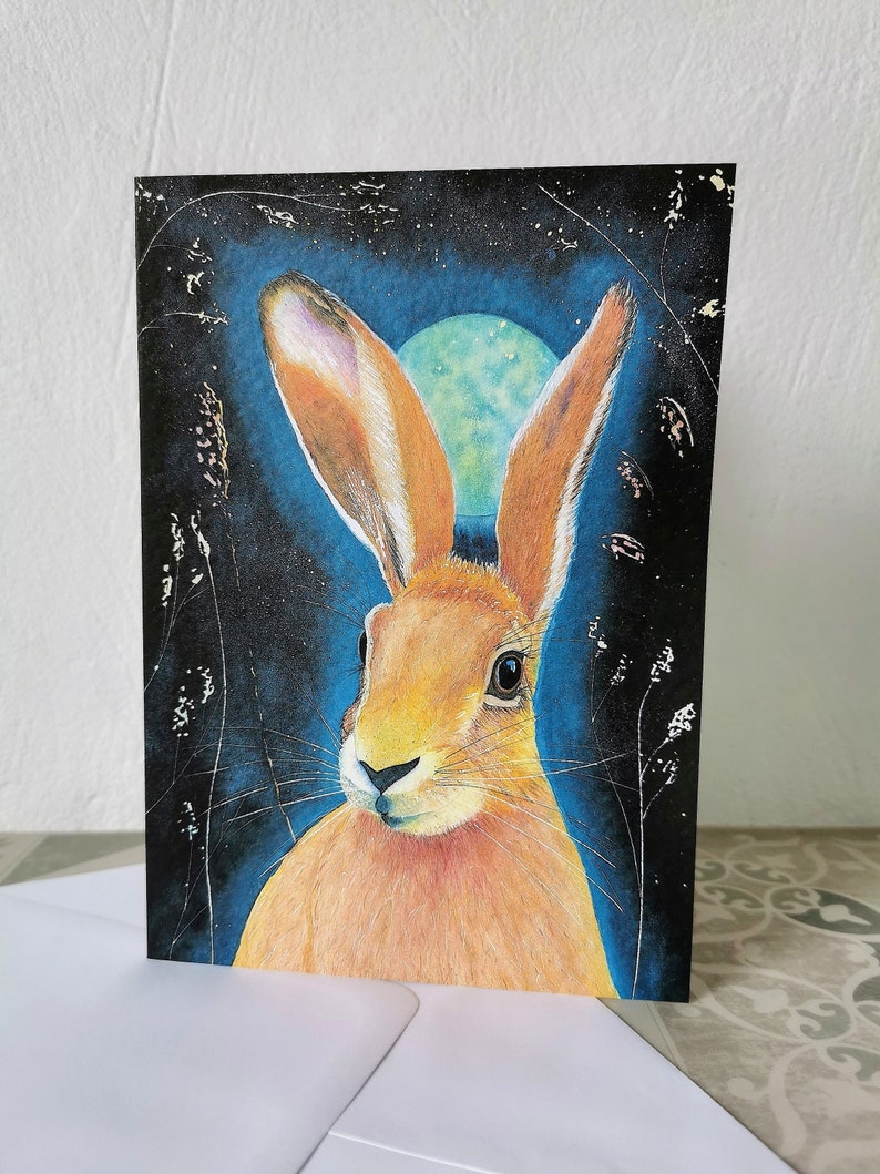 Moonlight Hare watercolour A5 greeting card / magical birthday / Easter card / jack rabbit card image 6