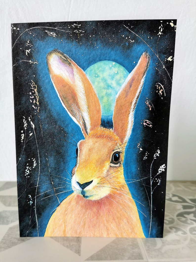 Moonlight Hare watercolour A5 greeting card / magical birthday / Easter card / jack rabbit card image 2