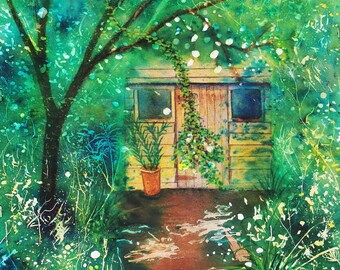 Écritoire Monty Don, aquarelle originale. Art de jardin vibrant et unique pour vos murs, avec un style original.