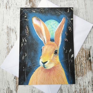 Moonlight Hare watercolour A5 greeting card / magical birthday / Easter card / jack rabbit card image 1