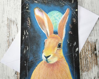 Moonlight Hare watercolour A5 greeting card / magical birthday / Easter card / jack rabbit card