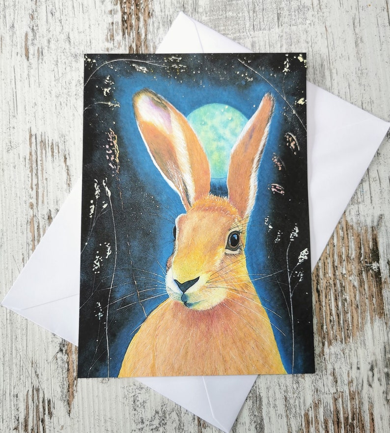 Moonlight Hare watercolour A5 greeting card / magical birthday / Easter card / jack rabbit card image 1