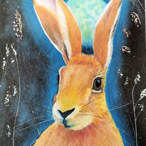 Moonlight Hare watercolour A5 greeting card / magical birthday / Easter card / jack rabbit card image 3