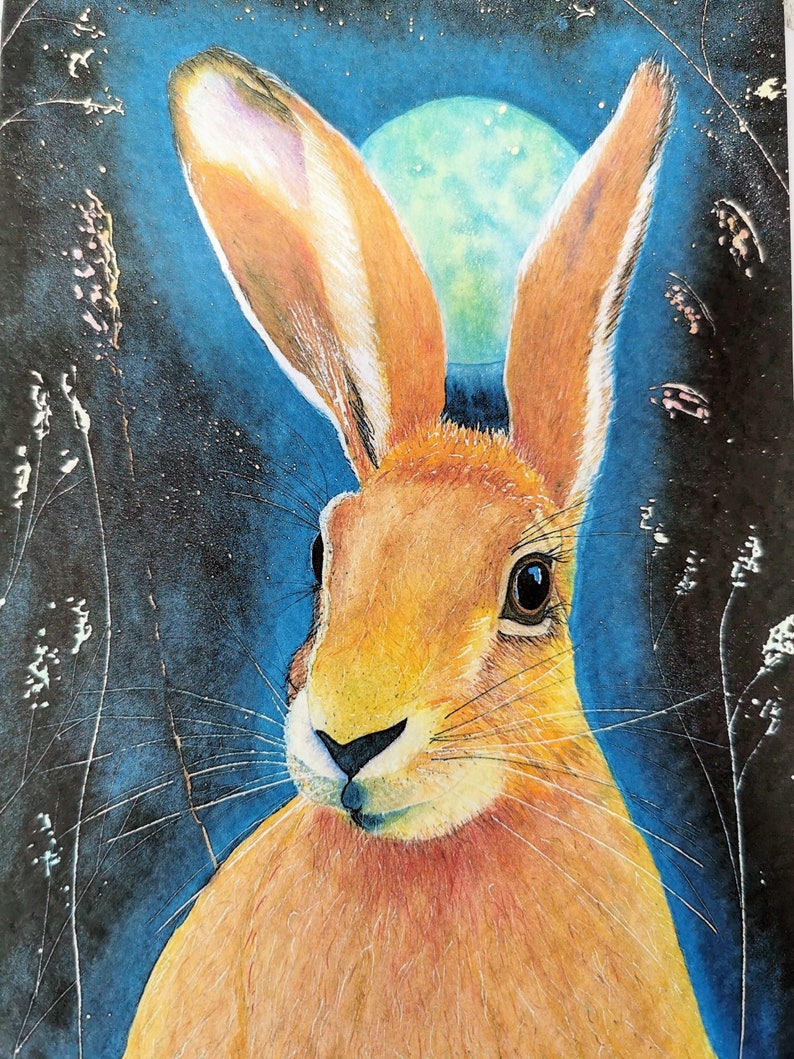Moonlight Hare watercolour A5 greeting card / magical birthday / Easter card / jack rabbit card image 3