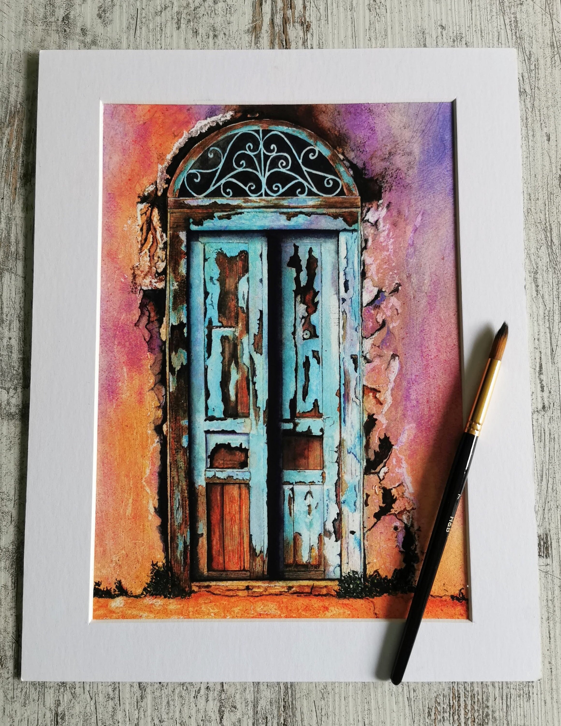 Hand Painted Mystical Blue Door Gouche Print, Art Print, Art for Your Home,  Wall Art 