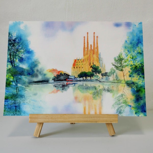 Barcelona Sagrada Familia watercolour A4 giclee fine art print / Gaudi architecture / cathedral reflection