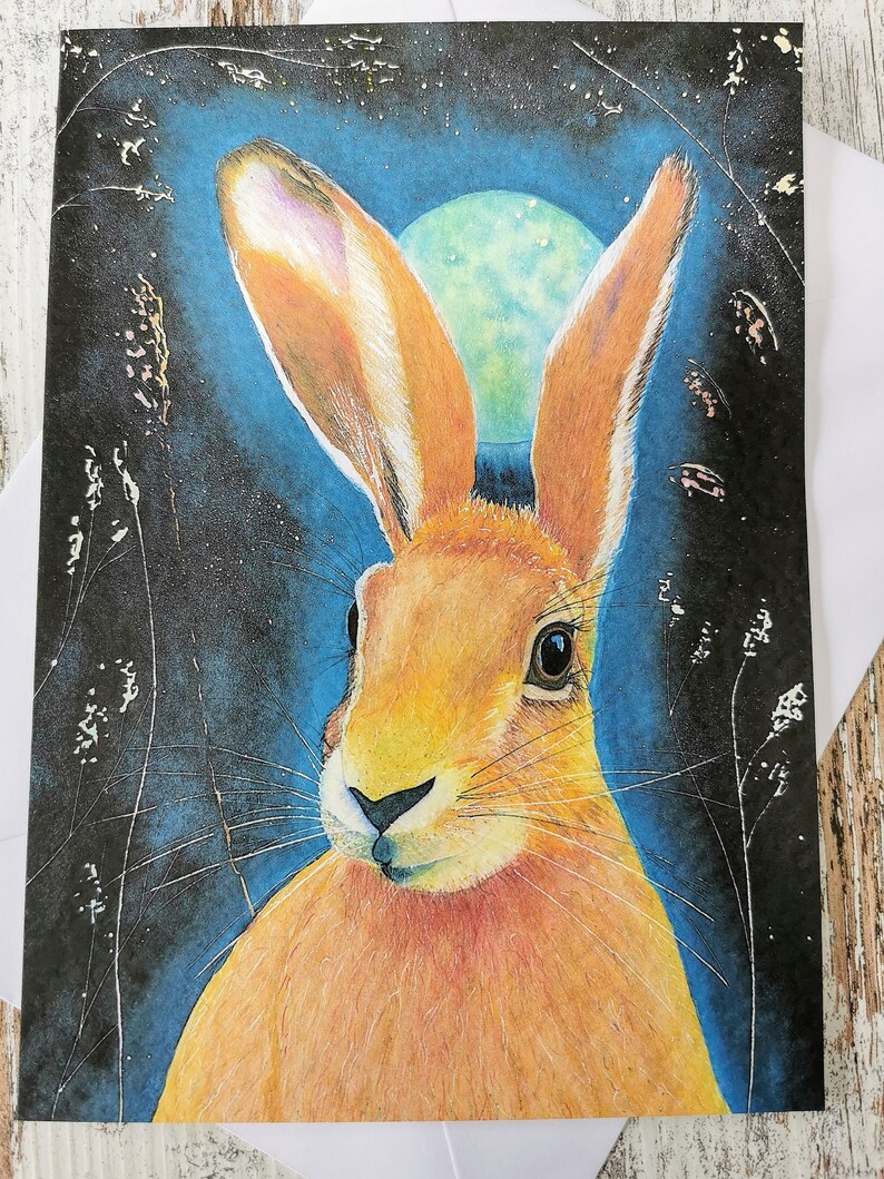 Moonlight Hare watercolour A5 greeting card / magical birthday / Easter card / jack rabbit card image 5