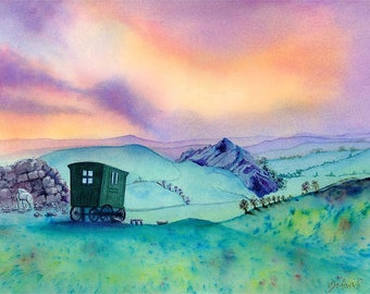 Peaky Blinders original watercolour, final scene of Tommy Shelby's caravan overlooking Chrome Hill in the Peak District, inc Dragon's Back.