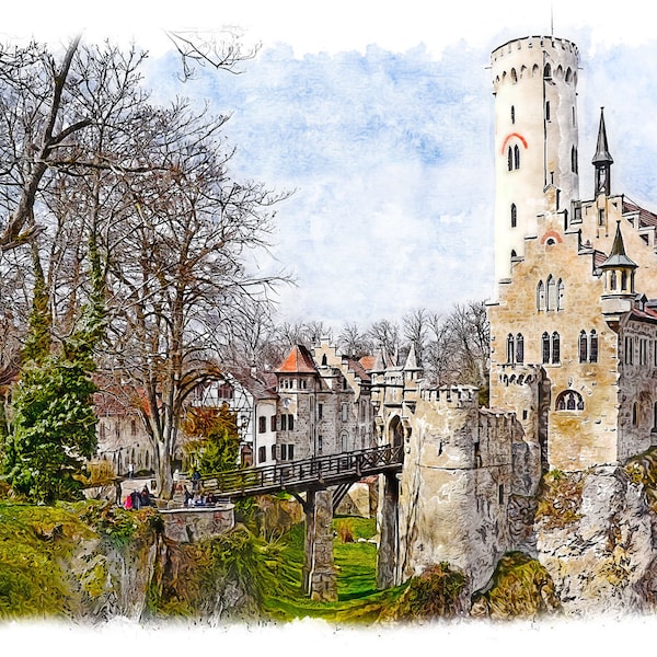 Lichtenstein Castle, Castle, Architecture, Baden-Württemberg, Akquarell, Digital, Printable Art, Download,