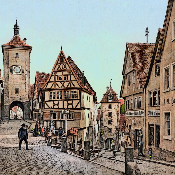 Rothenburg ob der Tauber - Plönlein um 1910, Gemälde, druckbare Kunst, Download