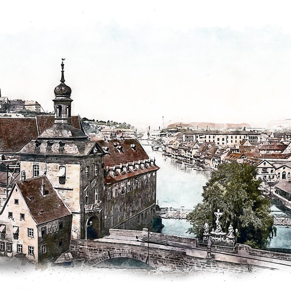 Bamberg City View circa 1910, Acquarel, Printable Art, Download