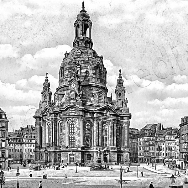 Dresden Frauenkirche ca. 1910, wie Radierung, druckbare Kunst, Download
