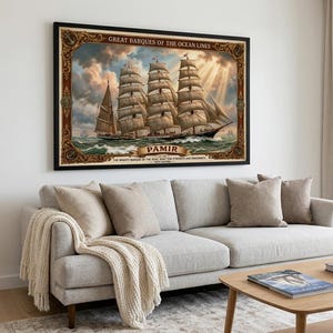 May include: A framed vintage print of the sailing ship "Pamir" with the text "Great Barques of the Ocean Lines." The artwork shows the ship at sea with billowing sails, set against a cloudy sky with sun rays.