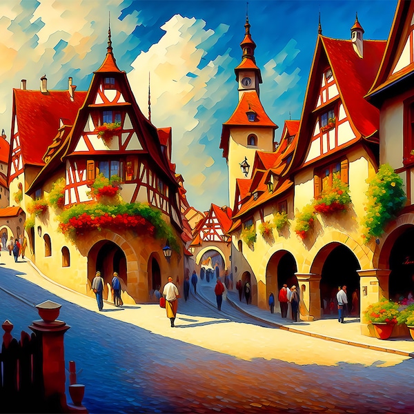 City view with half-timbered houses - impressionism, printable art, download