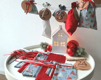 Great advent calendar to fill yourself, CLOTH BAGS in 3 DIFFERENT SIZES! Reusable Reusable Fabric Red Grey Dots Girl