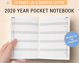 2020 Pocket Planner | A6 & Quarter US Letter | TN Yearly Planner, A6 Pocket Notebook, Dated Year Calendar, Timeline Printables Inserts