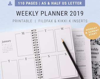 2019 Weekly Planner | Filofax & kikki.K Inserts | A5 and Half US Letter | Binder Printables | Weekly and Daily Schedule, Assignment Planner