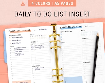 A5 Daily Planner for Filofax, kikki.K & TN | 4 Colors PDFs | Daily Goal Tracker Inserts, To Do List Binder Printables, Organizational Pages