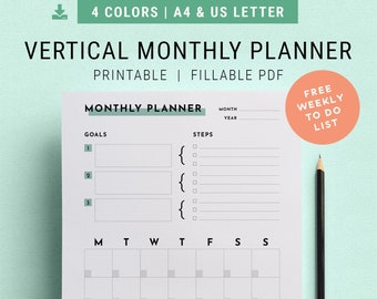 Undated Monthly Planner | Fillable Vertical Digital Planner | A4 & US Letter | Binder Printables, Life Organizer, Goal Setting Inserts