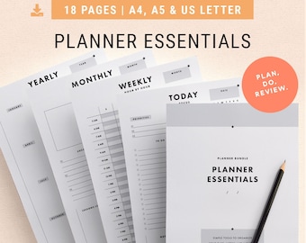 Planner Essentials Printables Pack | A4, A5 & US Letter | Binders and Filofax Inserts | Daily, Weekly, Monthly, Yearly Goal Tracker