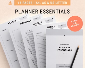 Planner Essentials Printables Pack | A4, A5 & US Letter | Binders and Filofax Inserts | Daily, Weekly, Monthly, Yearly Goal Tracker