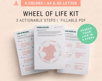 Wheel of Life Kit FILLABLE | A4 & US Letter | 3-in-1 Binder Printables Bundle, Selfcare Journal, Selp Improvement Templates, Goals Setting