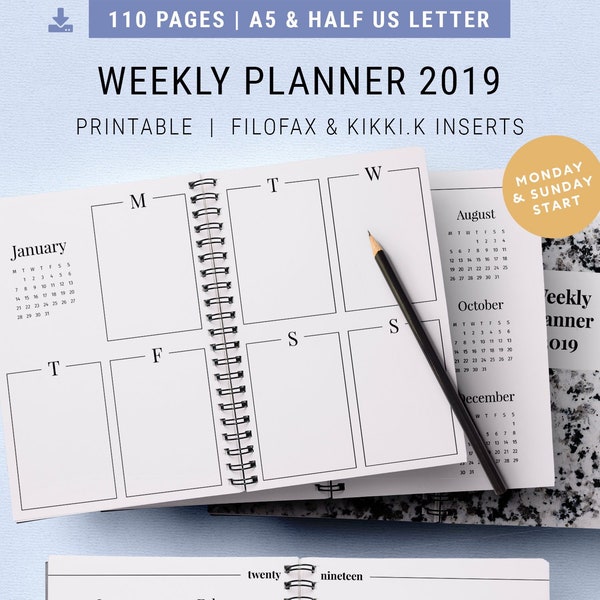 Planificador Semanal 2019 Filofax y kikki. K Inserciones de K ? Carta A5 y mitad de EE. UU. Imprimibles de Binder (Binder Printables) Horario semanal y diario, planificador de asignaciones