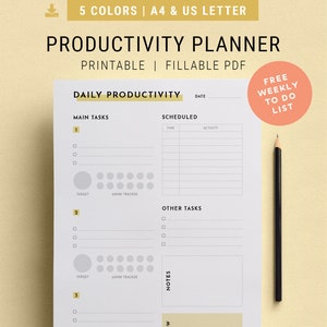 Productivity Planner Insert Free Weekly Planner 2019 A4 & US Letter Printable PDF Daily Schedule, Pomodoro Tracker, To Do List image 1