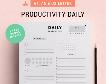 Productivity Daily Planner | A5, A4, Letter Inserts for Home Binder | Pomodoro Tracker, Goal Setting, Day Schedule Printables