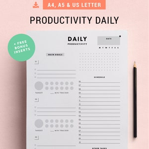 Productivity Daily Planner A5, A4, Letter Inserts for Home Binder Pomodoro Tracker, Goal Setting, Day Schedule Printables image 1