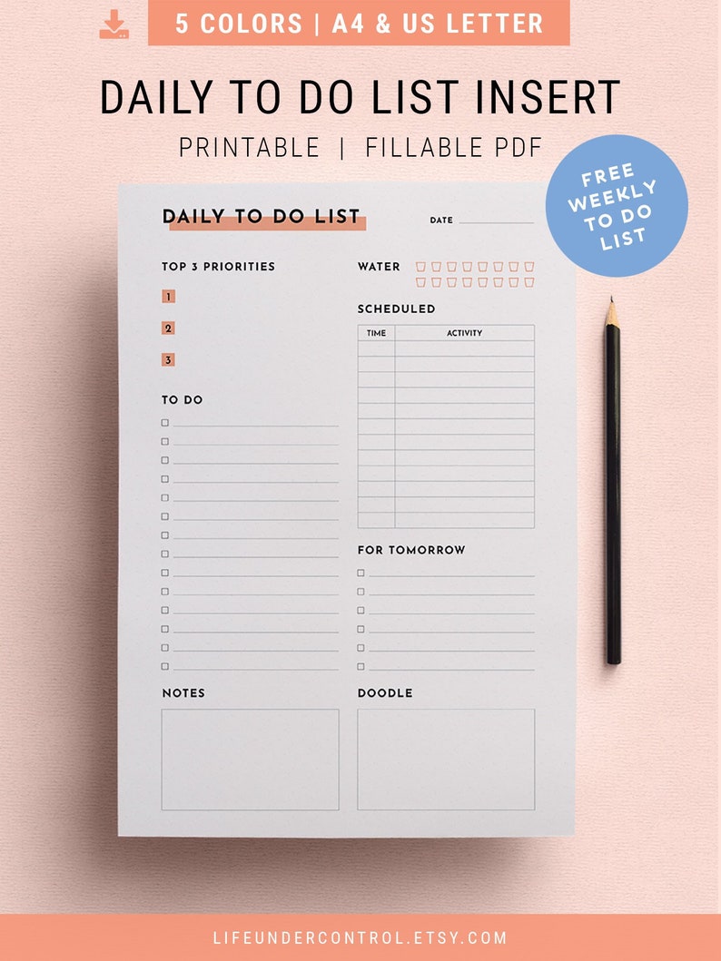 Daily Schedule To-Do List Insert Free Weekly Planner A4 & US Letter Printable PDF Life Organizer, Daily Planner, To Do List Notepad image 1