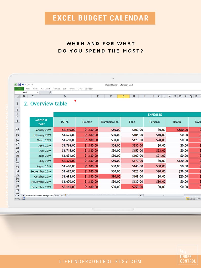 Budget Calendar Excel Spreadsheet Automated Home Expense Etsy Singapore