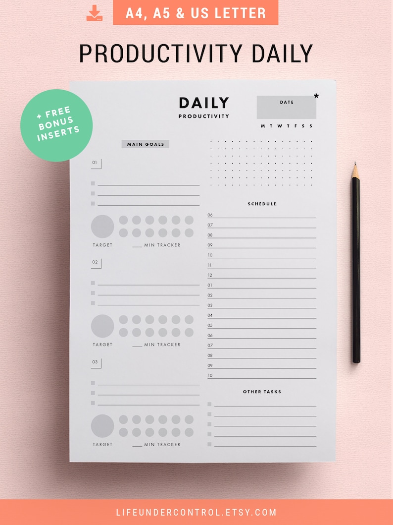 Productivity Daily Planner A5, A4, Letter Inserts for Home Binder Pomodoro Tracker, Goal Setting, Day Schedule Printables image 1