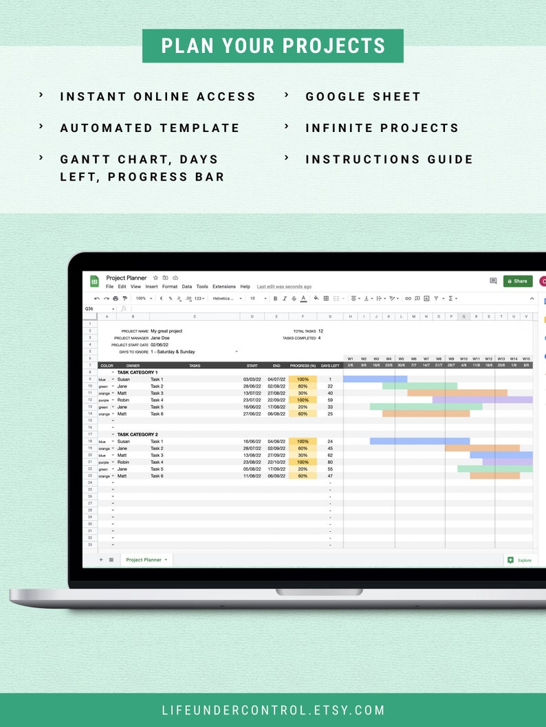 Project Planner Google Sheet Automated Gantt Chart Timeline Spreadsheets for Home Business Management, Critical Path Schedule image 2