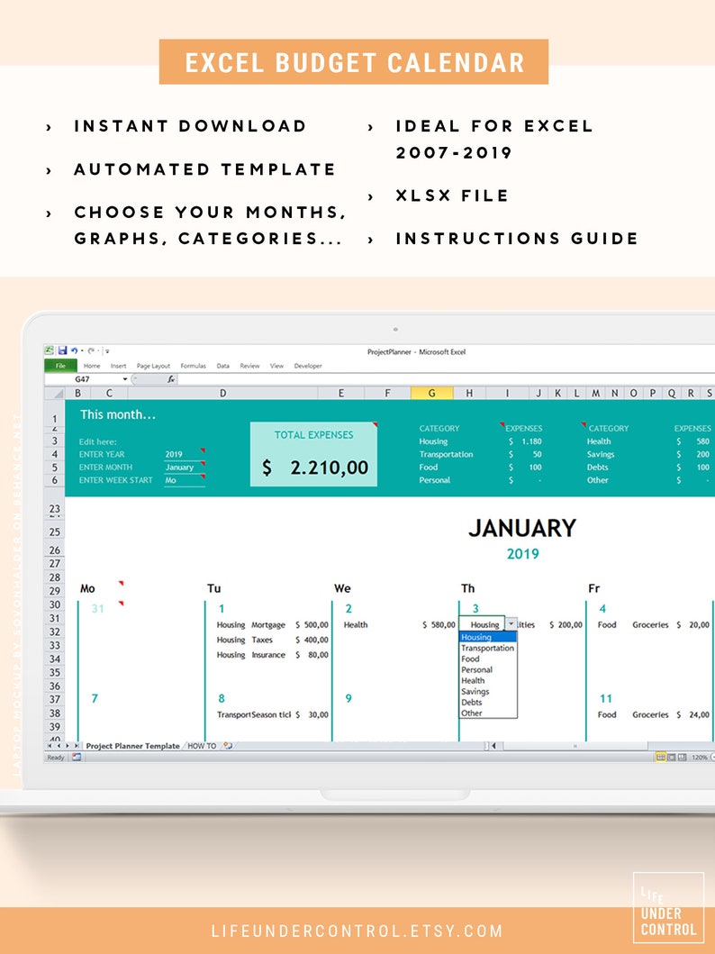 Budget Calendar Excel Spreadsheet Automated Home Expense Etsy