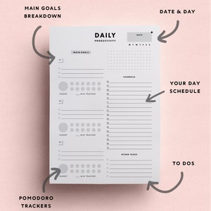 Productivity Daily Planner A5, A4, Letter Inserts for Home Binder Pomodoro Tracker, Goal Setting, Day Schedule Printables image 3