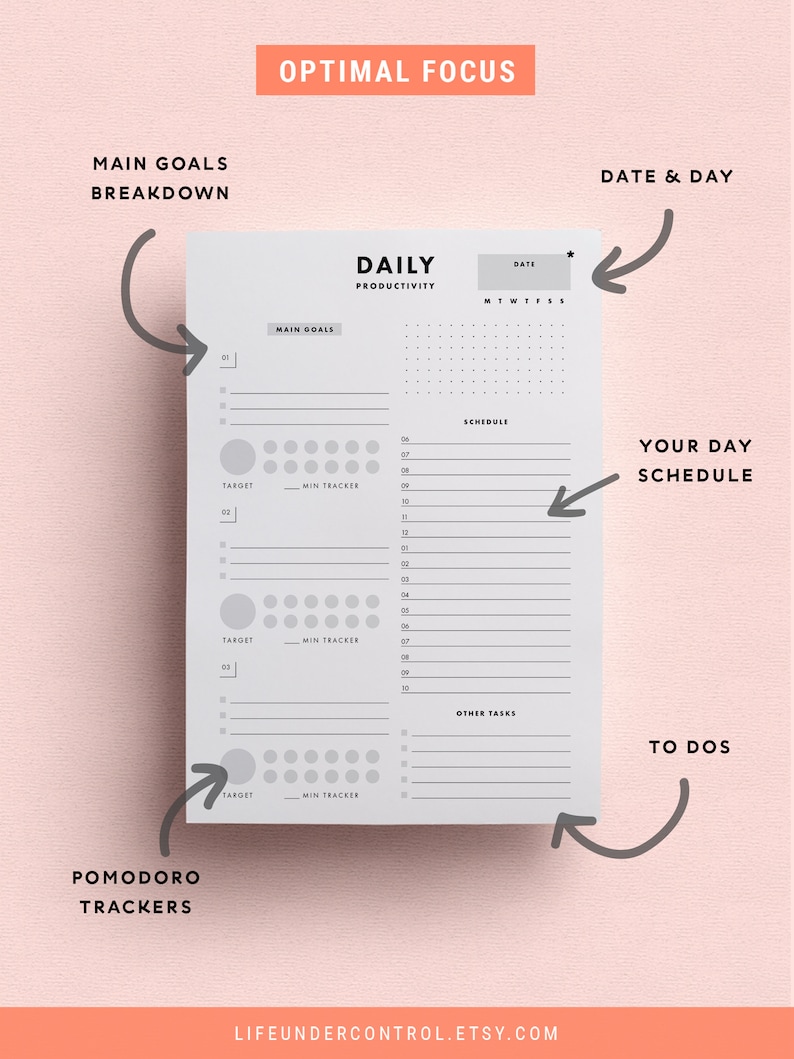 Productivity Daily Planner A5, A4, Letter Inserts for Home Binder Pomodoro Tracker, Goal Setting, Day Schedule Printables image 3