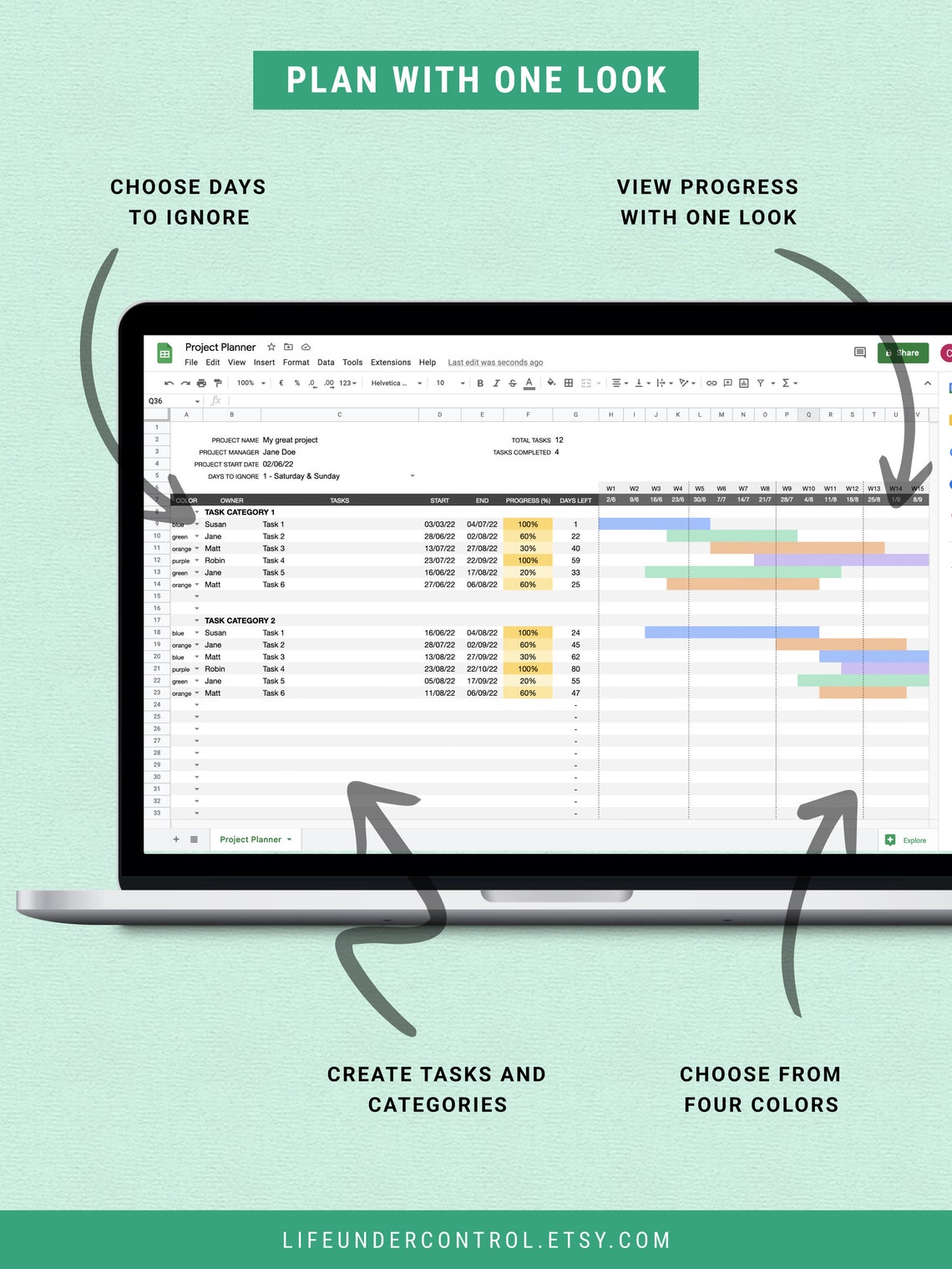 Project Planner Google Sheet Automated Gantt Chart Timeline