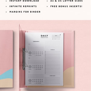 Productivity Daily Planner A5, A4, Letter Inserts for Home Binder Pomodoro Tracker, Goal Setting, Day Schedule Printables image 2