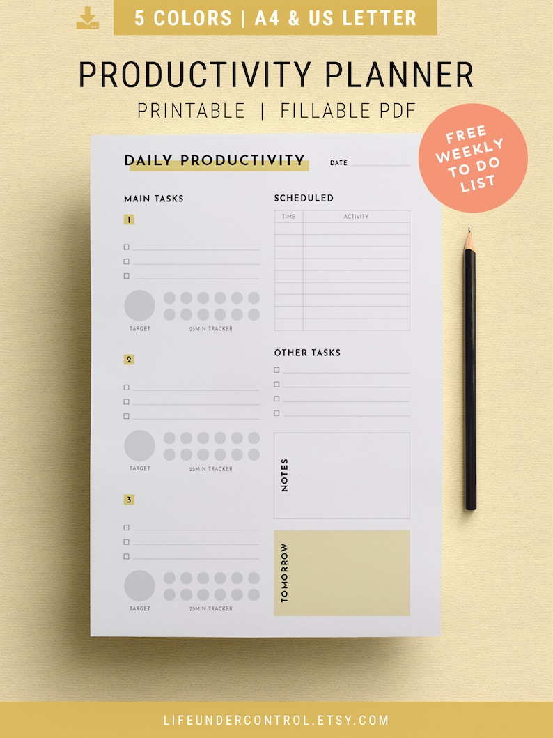 Productivity Planner Insert Free Weekly Planner 2019 A4 & US Letter Printable PDF Daily Schedule, Pomodoro Tracker, To Do List image 1