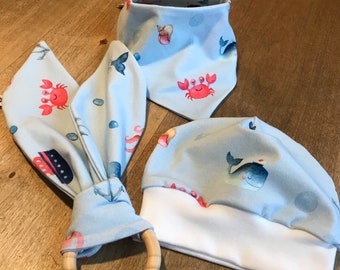 Baby Set, Halstuch, Mütze und Naturholzbeißring mit Tuch Größe 62/68