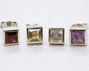 Square ear studs with amethyst, garnet, citrine and zircon