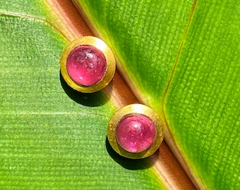 Boucles d'oreilles tourmaline, argent 925, or 999, rose, brillant,