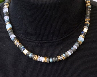 Moonstone/Labradorite Necklace with Aquamarine