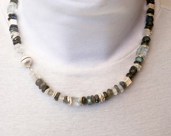 Labradorite moonstone necklace with aquamarine in silver with magnetic clasp.
