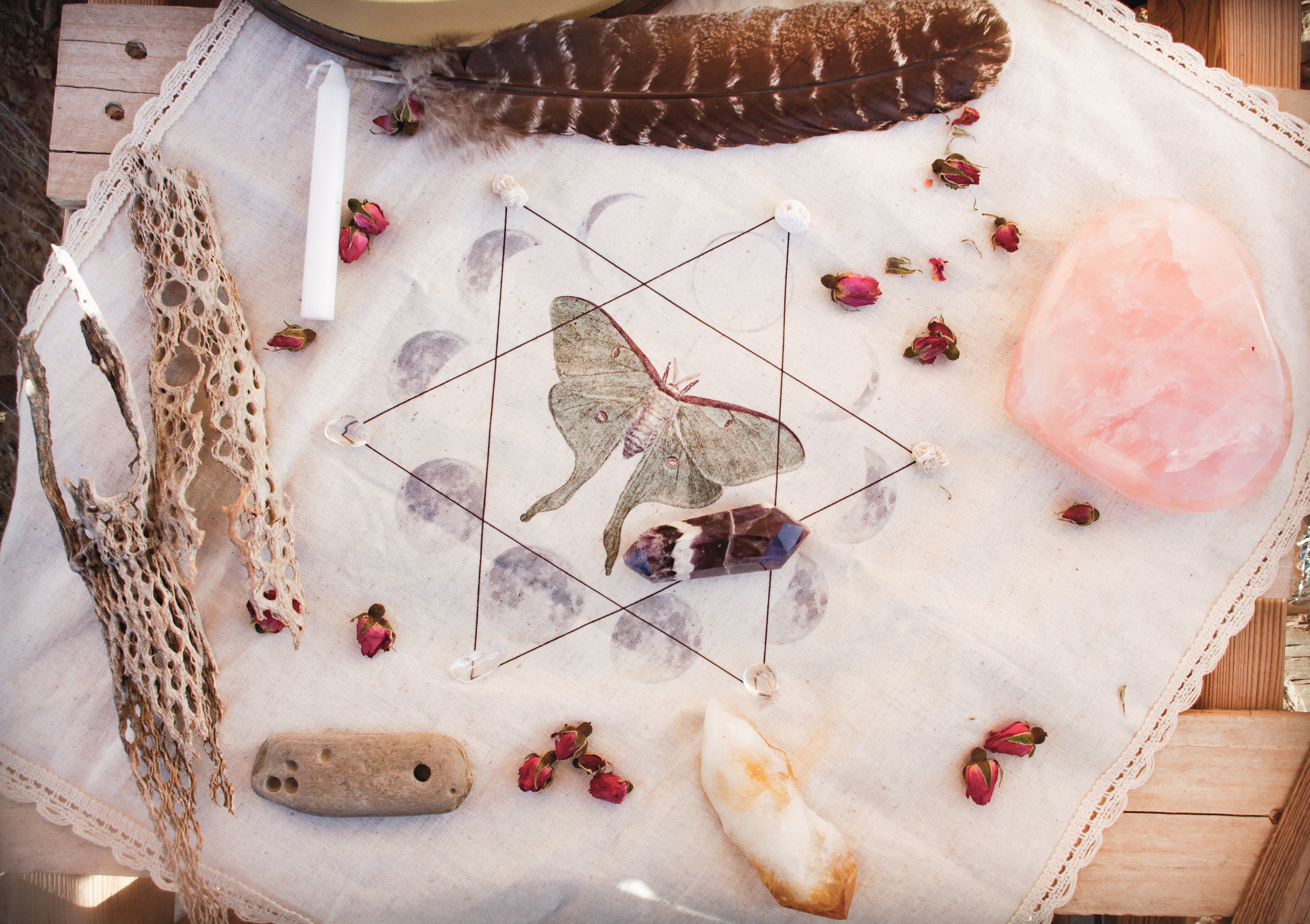 Hexagram Luna Moth (Moon Phase) Altar Cloth with grid