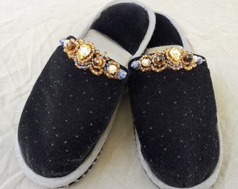 Handmade plush home slippers with decoration made of natural stone and glass beads, inside lenght - 24 cm.