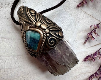 Aragonite and Blue Tourmaline Pendant Necklace